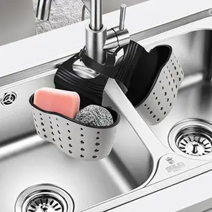 Kitchen Sink Caddy Sponge Holder - Adjustable Strap Faucet with Drain Holes for Drying Kitchen Sink Accessories