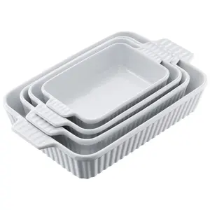 VEVOR Ceramic Baking Dish, 9" x 13", Bakeware Set of 4, Rectangular Casserole Dish Set, Baking Pans with Handles, Oven Secure, Lasagna Pans Deep for Cooking, Thanksgiving & Christmas Present, White