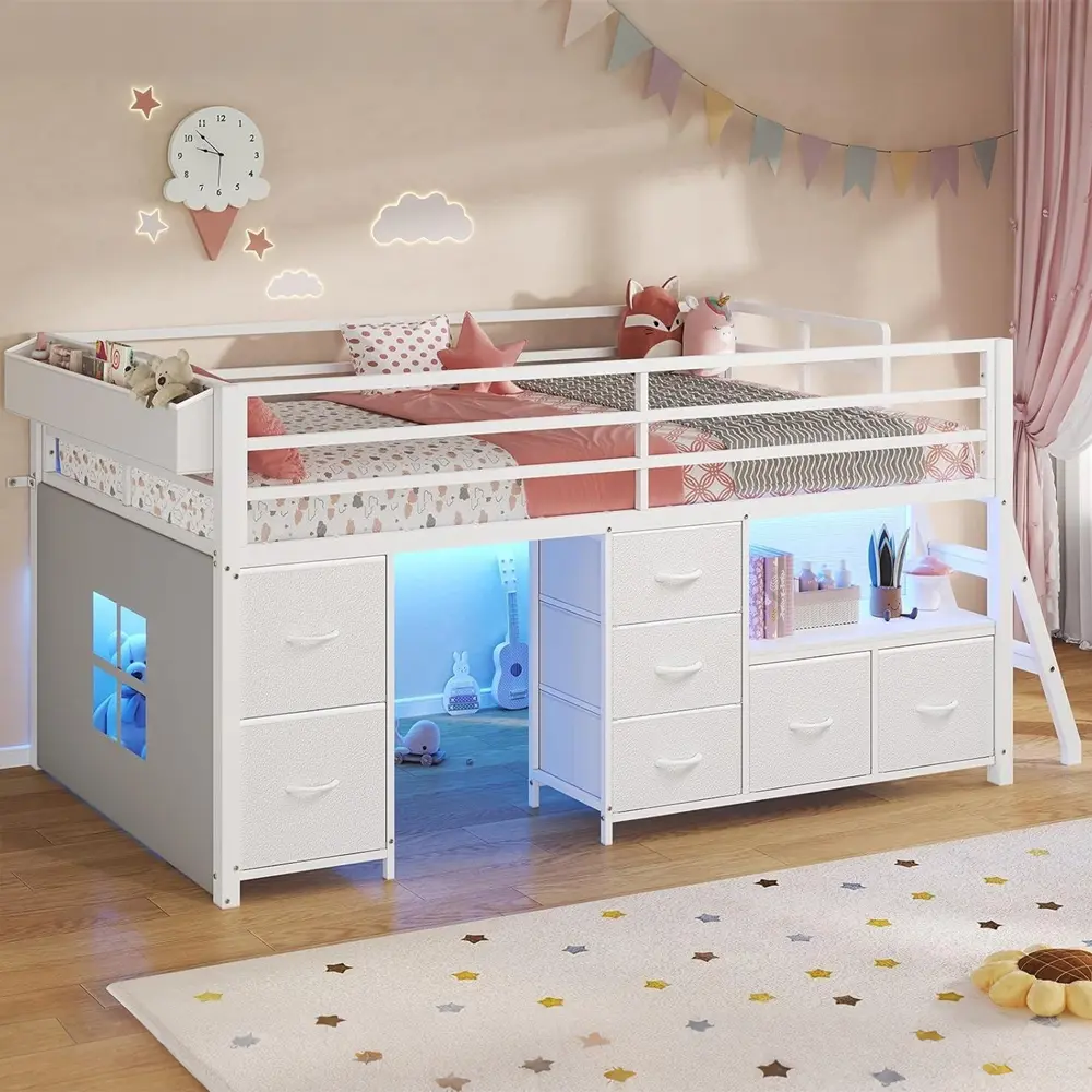 [SummerSale] Sikaic Twin Low Loft Bed with 7 Storage Drawers, Bookcase & LED Lights, Metal Loft Bed with 14" High Safety Guardrail, Inclined Ladder and Play Curtain, Twin Bed Frame with Under-Bed Play Area, White, Home Furniture, Dorm Essentials