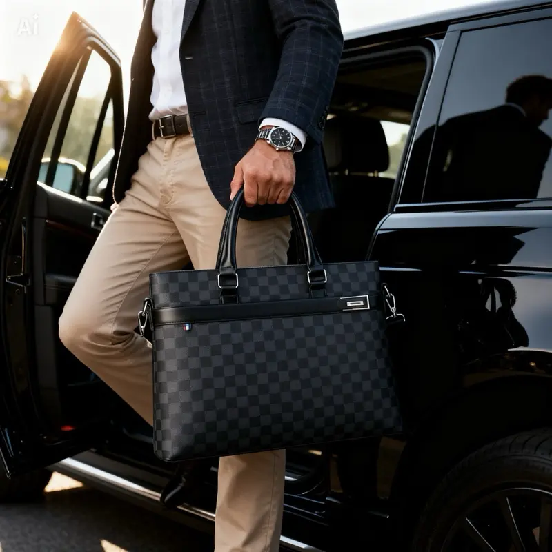 Men’s Checkered Leather Briefcase Laptop Messenger Business Tote Bag Black Work
