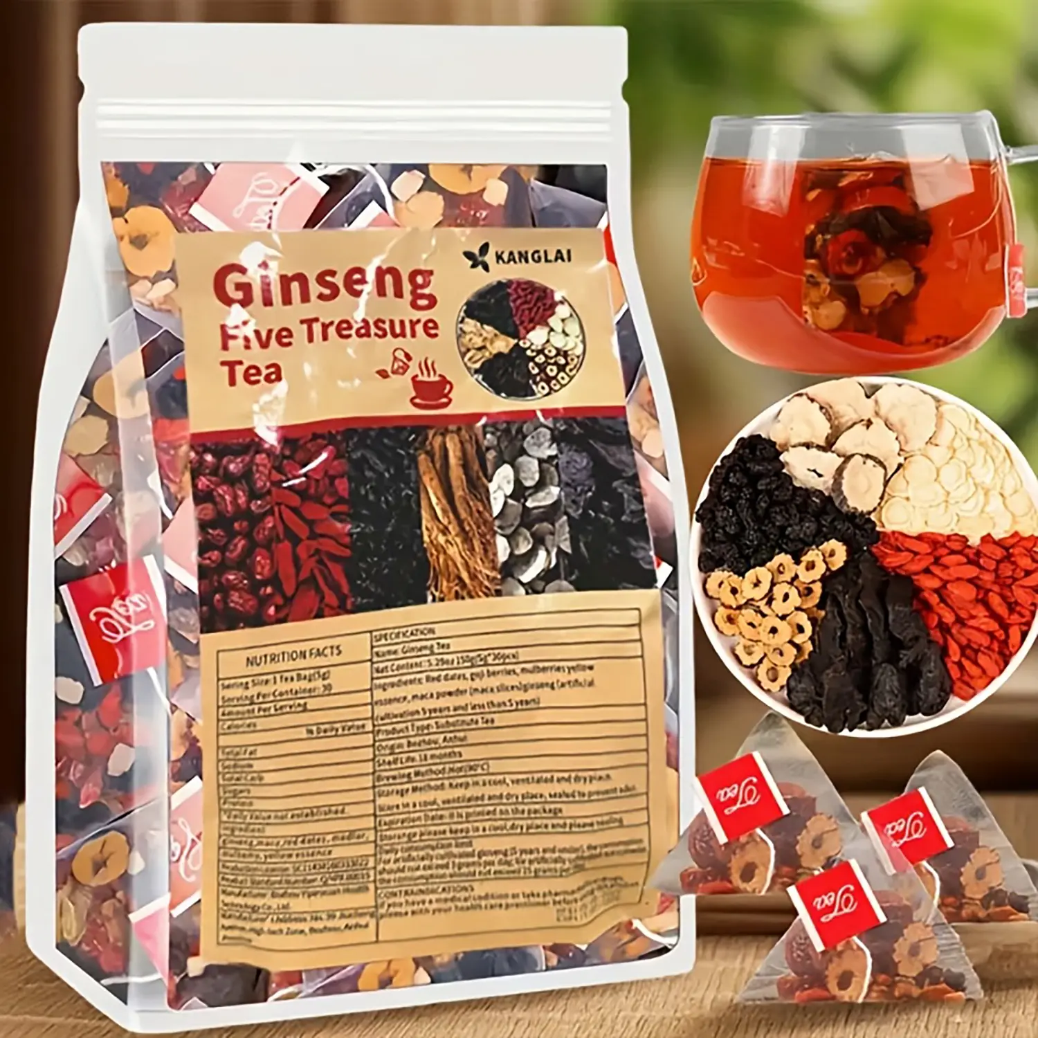 Turmeric Kidney Tea Formula Ginseng Five Treasures Tea Health Boosting Drink Pure Ingredients Traditional Recipe Ginseng Extract Herbal Tea Bags Sugar-Free Low Sodium