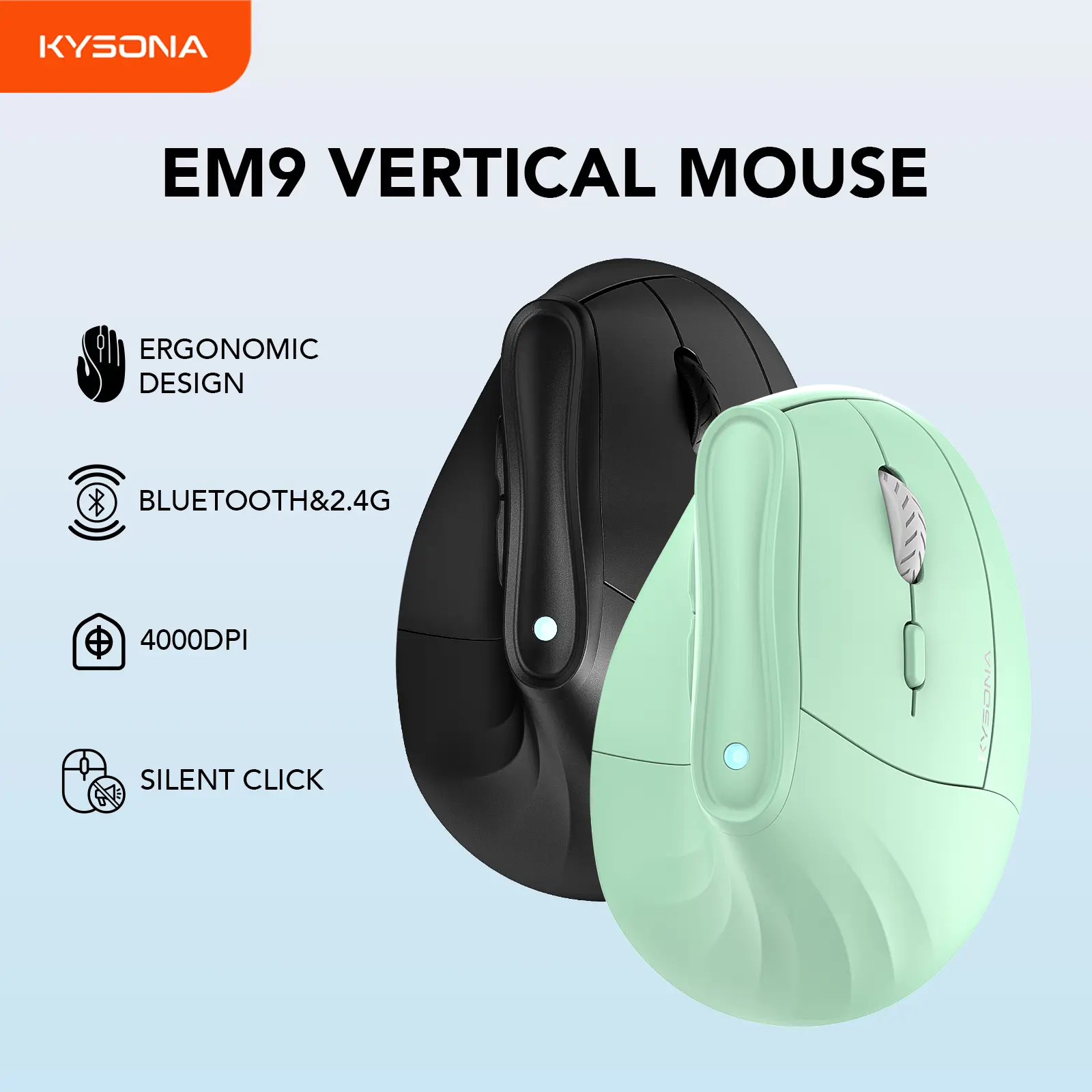 Kysona Vertical Shape Mouse - Ergonomic, Finger-Friendly Gaming Accessory, Bluetooth/2.4G Wireless Optical, 5-Level Adjustable DPI, Silent Click, for Small-Medium Hands, Requires AA, Compatible with PC/Laptop