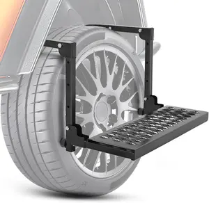 Folding Heavy Duty Tire Step for Truck, SUV and RV, Non-Slip Steel Surface, Adjustable to Fit Tire from 10” to 14” Rated up to 350 Lbs,Easy to Install and Adjust Black