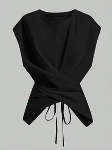 Women's Knitted Round Neck Drop Shoulder Sleeve T-Shirt, Fashion Chic Casual Asymmetrical Ruched Cross Cutout Back Tie Top