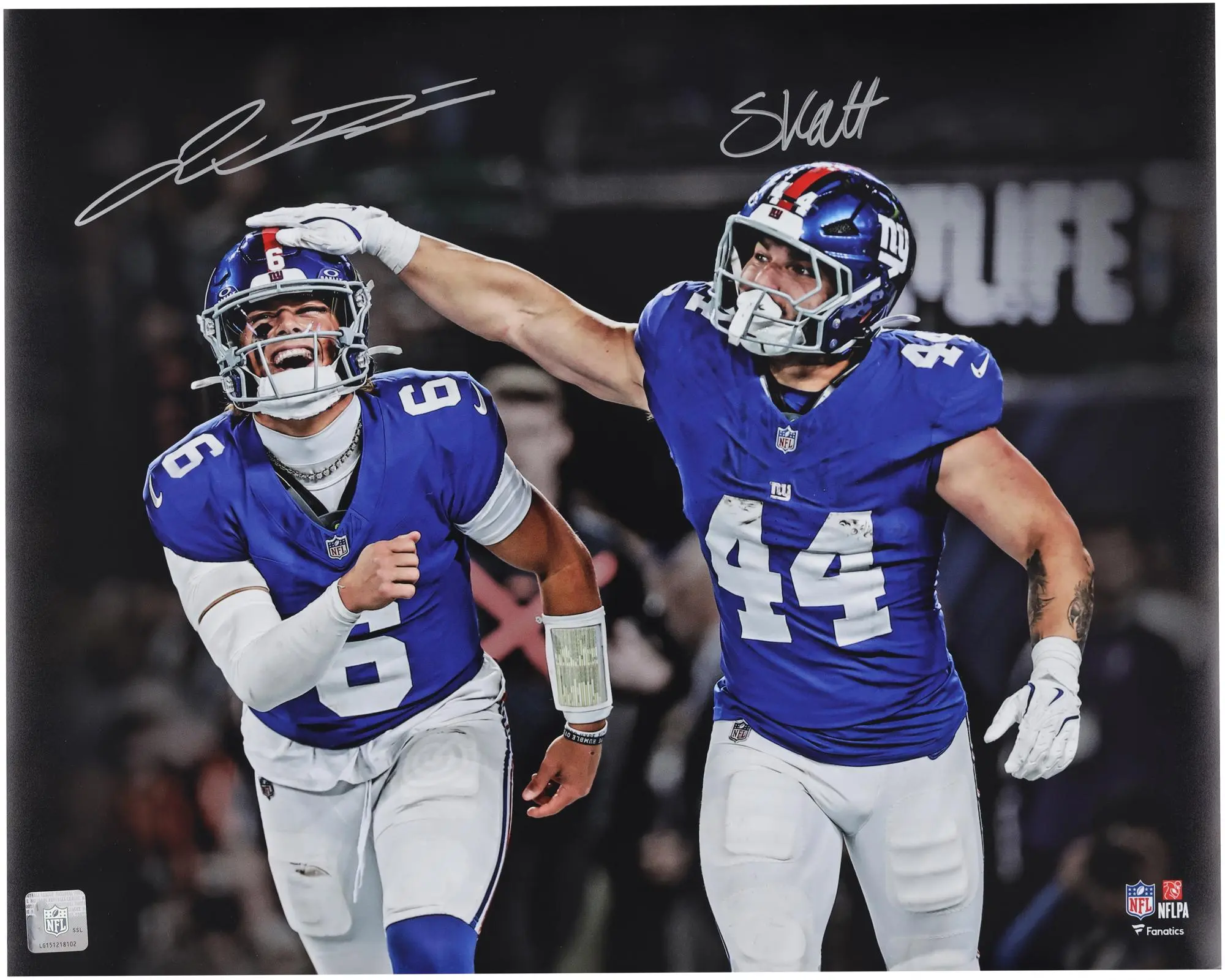 Jaxson Dart and Cam Skattebo New York Giants Autographed 16" x 20" Touchdown Celebration in Win vs. Philadelphia Eagles Photograph - Fanatics Authentic Certified