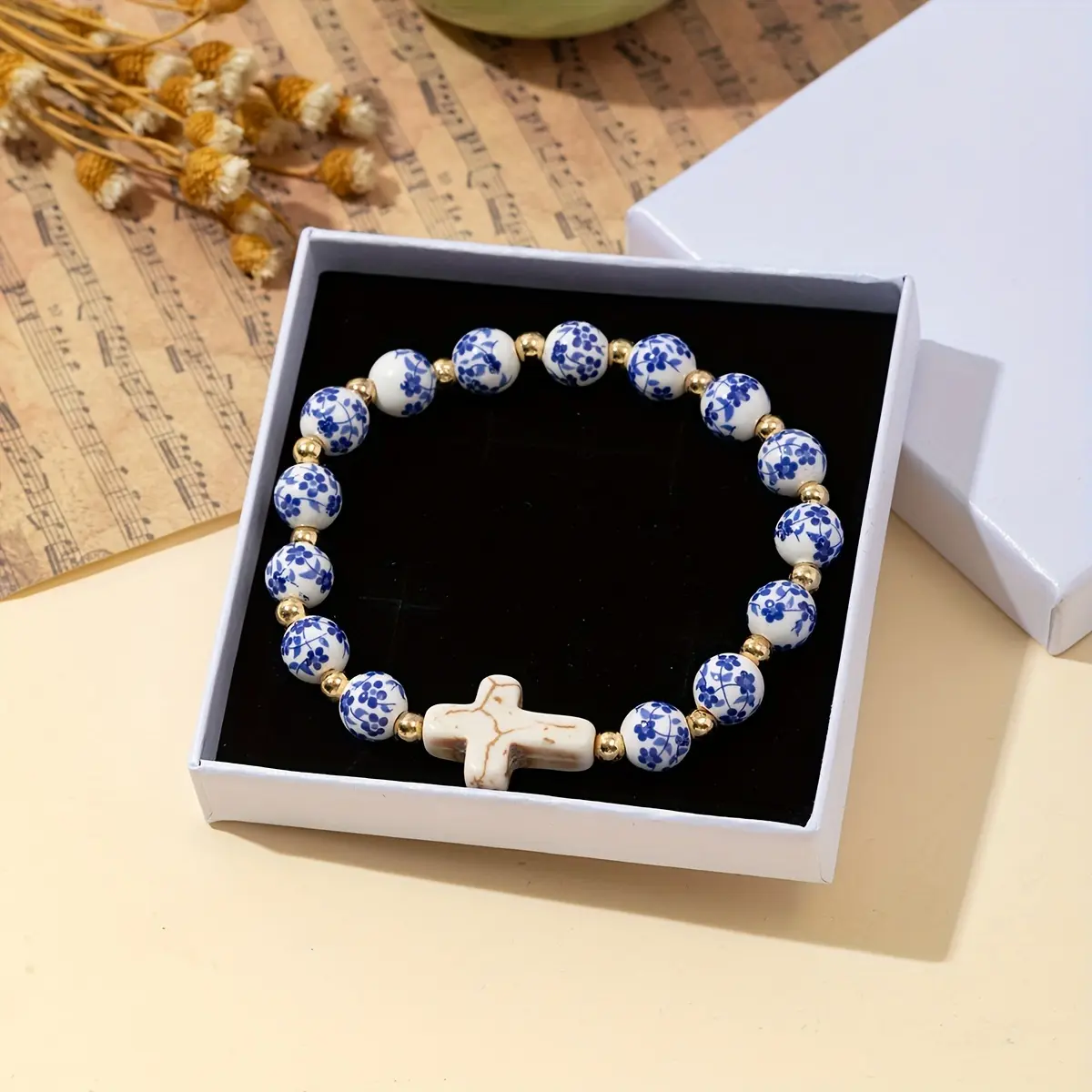 14-Carat Gold Plated Bangle, Retro Exquisite Bracelet with Porcelain Stone for Women, Elegant Fashion Banquet Wear Accessory