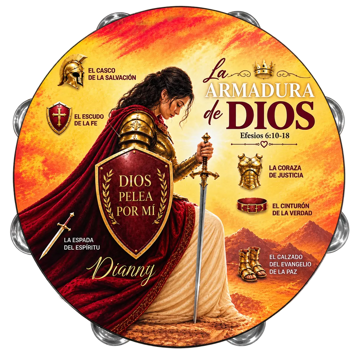 Armor of God Tambourine - Synthetic Leather Percussion Musical Instrument with Non-Slip Grip, Metal Cymbals for Rich Sound, Percussion Musical Instruments