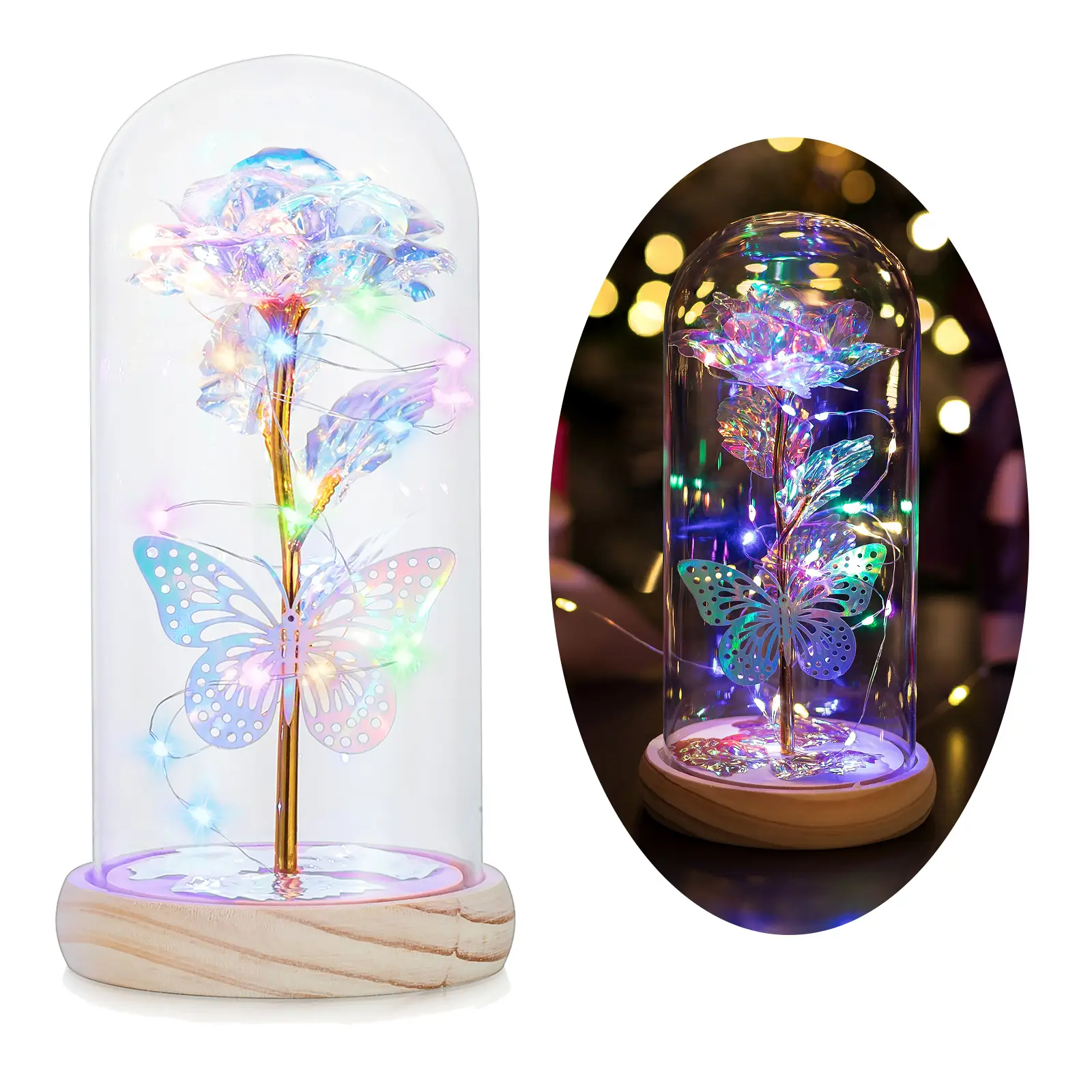 Glasseam Glow Effect Galaxy Glass Rose with Built-In LED Butterfly Light - Glass Dome Illumination Lamp, Hope-Infused Festive Home Decor, Women's Birthday/Mother's Day Gift