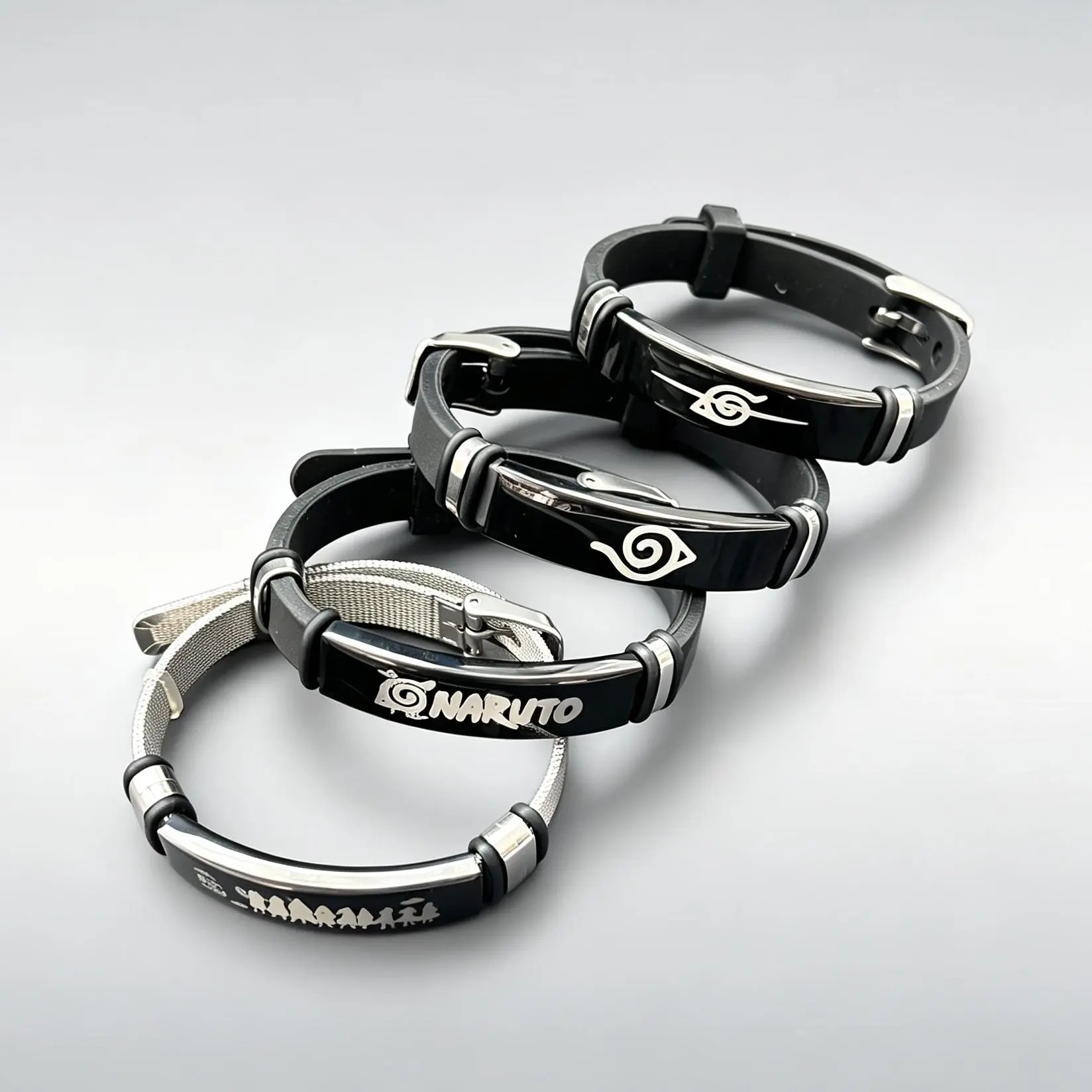 Naruto Anime Konoha Village Symbol Anti-Leaf Logo Bracelets - Stainless Steel Engraved, Silicone Adjustable Anime Cosplay Jewelry Gift for Fans, Unisex Fashion Accessories with Gold Easter Charm, Minimalist Chain Bangle for Good Luck & Pride, Elastic Brac