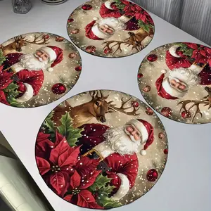 4pcs Christmas Placemats Set, Santa Claus & Reindeer Design, Wooden Table Mats, Non-Slip Durable, Perfect for Holiday Dining & Home Decor, Coasters