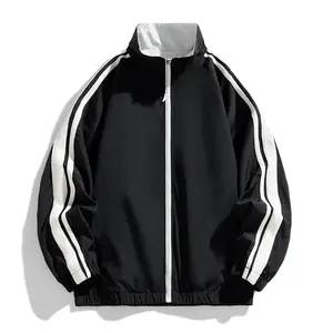 Men's Black & White Contrast Track Jacket - Zip-Up Sports Training Jacket with Striped Sleeves for Active Wear