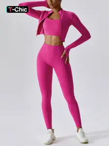 Women's Solid Criss Cross Crop Tank Top & High Waist Leggings & Zip Up Crop Jacket Set, Breathable Comfy Outfits for Yoga Gym Running, Activewear, Tracksuit Set