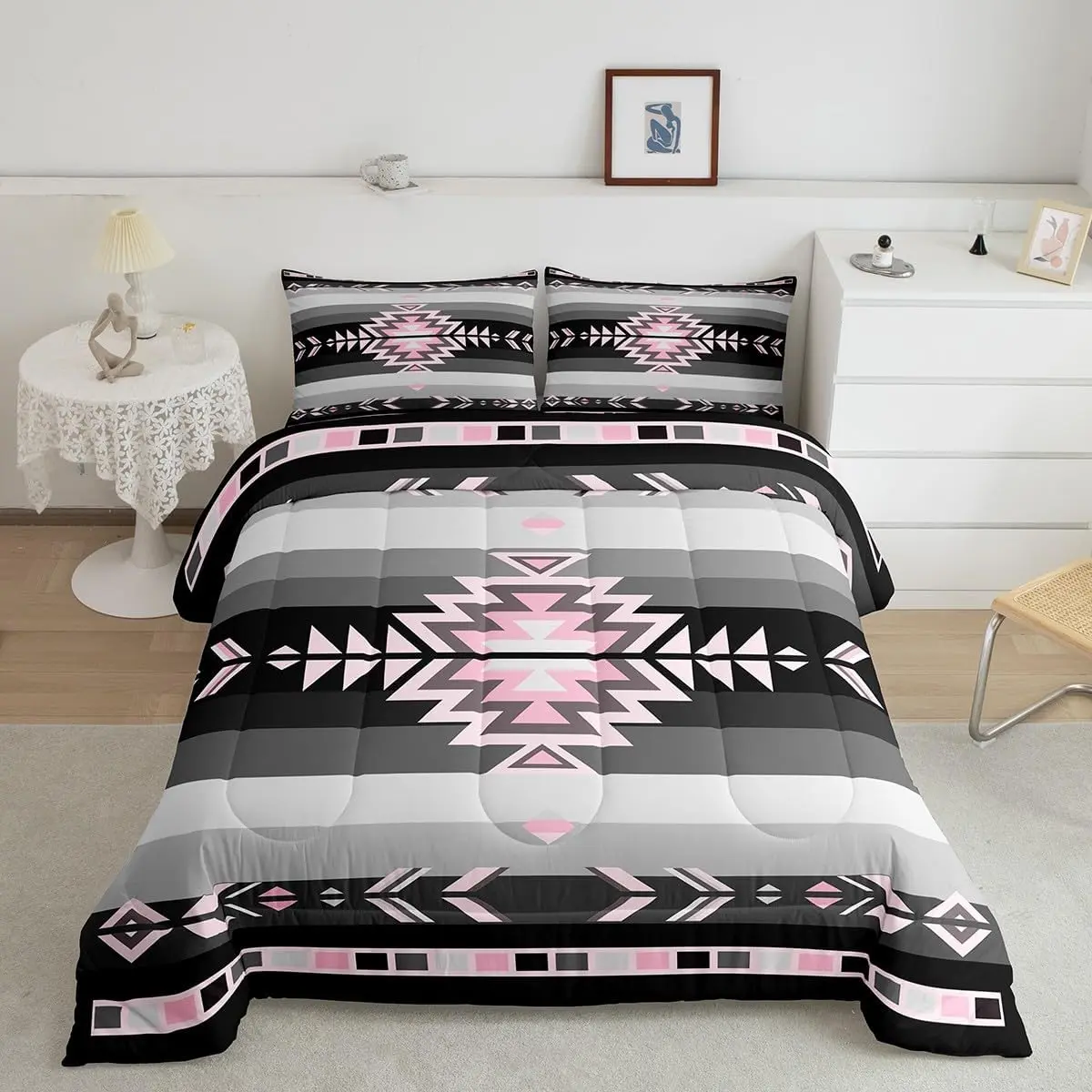Luxury Southwest Native American Tribal Pattern Bedding Set - Full Size, Decorative Breathable Southwestern Geometric Comforter Set, Pink Grey Black Tribal Bedroom Linens, Breathable Duvet Set, Queen Comforter Set