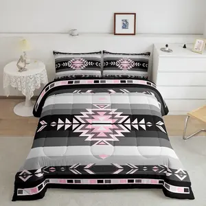Southwest Native American Design Luxury Bedding Set,Full Size Southwestern Geometric Designer Comforter Set,Tribal Pink Grey Black Comforter