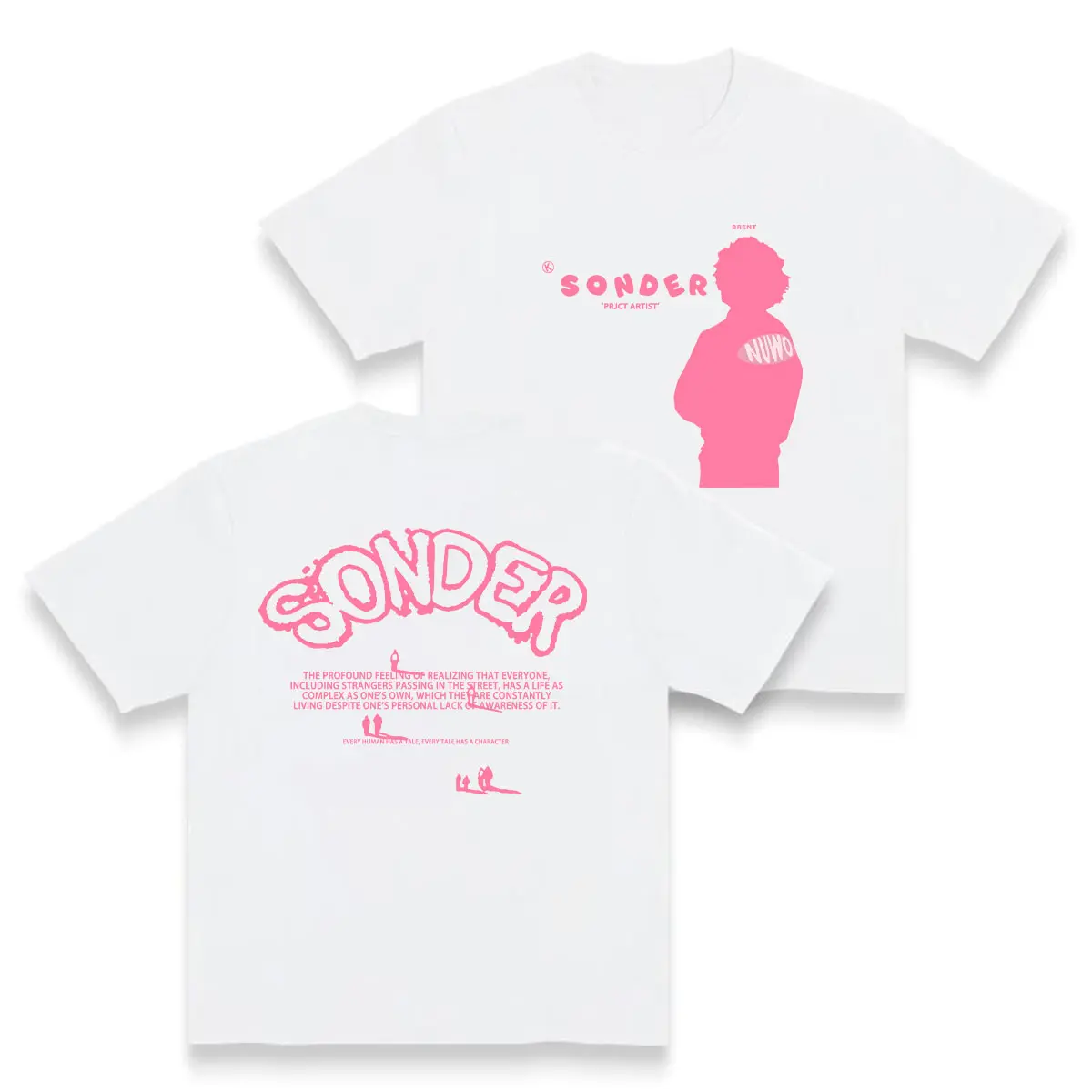 Bold Pink "Sonder" Lettering & Geometric Print Rap Shirt Casual Crewneck Streetwear Made In USA For Women For Men [180G/cotton short-sleeve