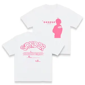 Bold Pink "Sonder" Lettering & Geometric Print Rap Shirt Casual Crewneck Streetwear Made In USA For Women For Men [180G/230G 100% cotton short-sleeve/hoodie, soft and comfortable emo clothes unknown good graphic tees