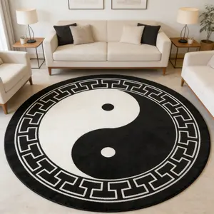 Circular Plush Carpet with Tai Chi Bagua Pattern, New Oriental Zen Style Rug for Study Bedroom, Anti-Slip Decorative Mat for Living Room, Fluffy Area Rug, Home Decor Rugs, Non Slip Rugs