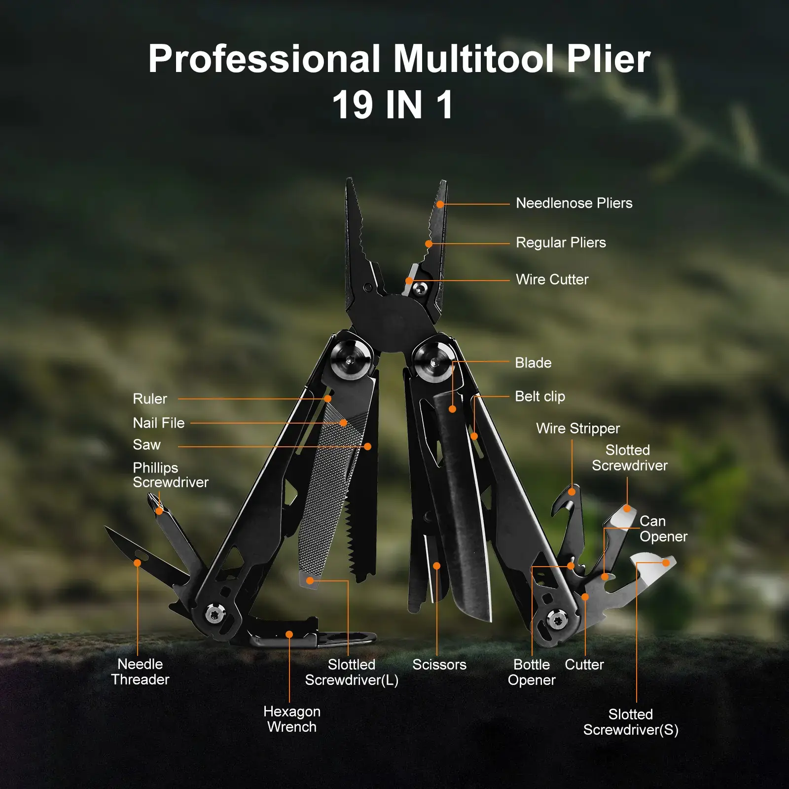 19-in-1 multifunctional tool set featuring a premium 440C stainless steel multi-function pliers, equipped with nylon sleeves, foldable and portable—ideal for outdoor survival, camping, hiking, and maintenance activities.