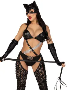 Leg Avenue Mistress Kitty Costume - Sexy Modern Cute 3-Piece Halloween Bodysuit with Chaps & Gloves for Women's Cosplay, Bikini, Bra