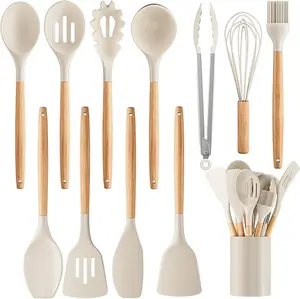 12pcs, Non-Stick Silicone Kitchen Utensil Set with Wooden Handles - Safe and Easy to Clean - Perfect for Cooking and Baking - Ideal for Back to School and Dorm Essentials Kitchenware Spoons Khaki Color