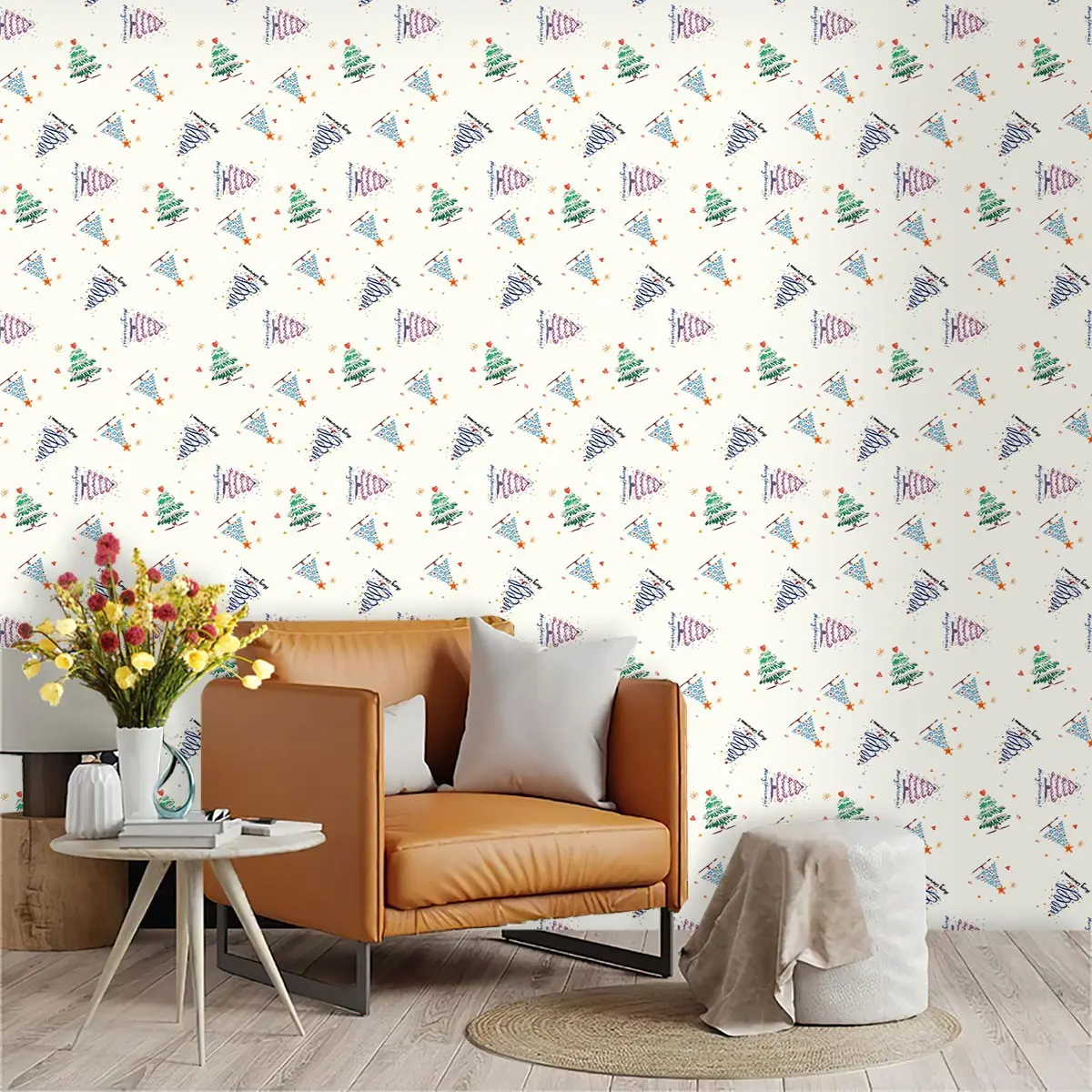Christmas Tree Theme Wall Paper, PVC Material, Moisture-Proof, Repeat Pattern, Ideal for Living Room, Kitchen, Bedroom Decor