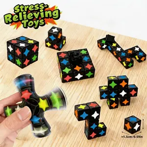 Magnetic Building Blocks Stress Relief Toy Set, Four-In-One Mini Puzzle Cube Kit, Glowing Magnetic Cube, Transforming Fidget Spinner, Party Gift