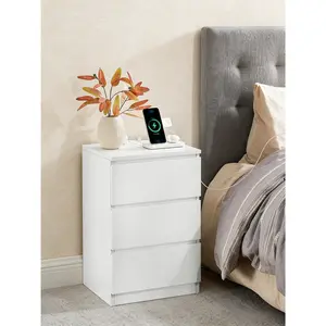 Nightstand With Charging Station 2 AC Outlets 2 USB Ports 3 Drawers 13.8X15.7X23.2" Modern