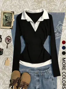 Women's Colorblock Patchwork Shirt Collar Long Sleeve Everyday Casual Sweet Cute Versatile T-Shirt, Stylish Daily Wear Top, Perfect for Spring & Fall