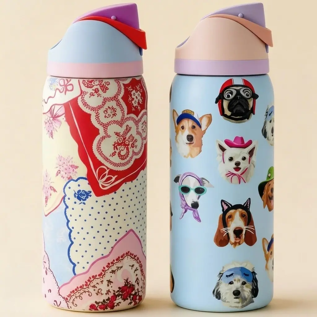 Special Edition 32oz Insulated Stainless Steel Water Bottle with Straw Lid, BPA-Free Portable Drinkware, Loop for Travel, Dog Collage & Hankie Design