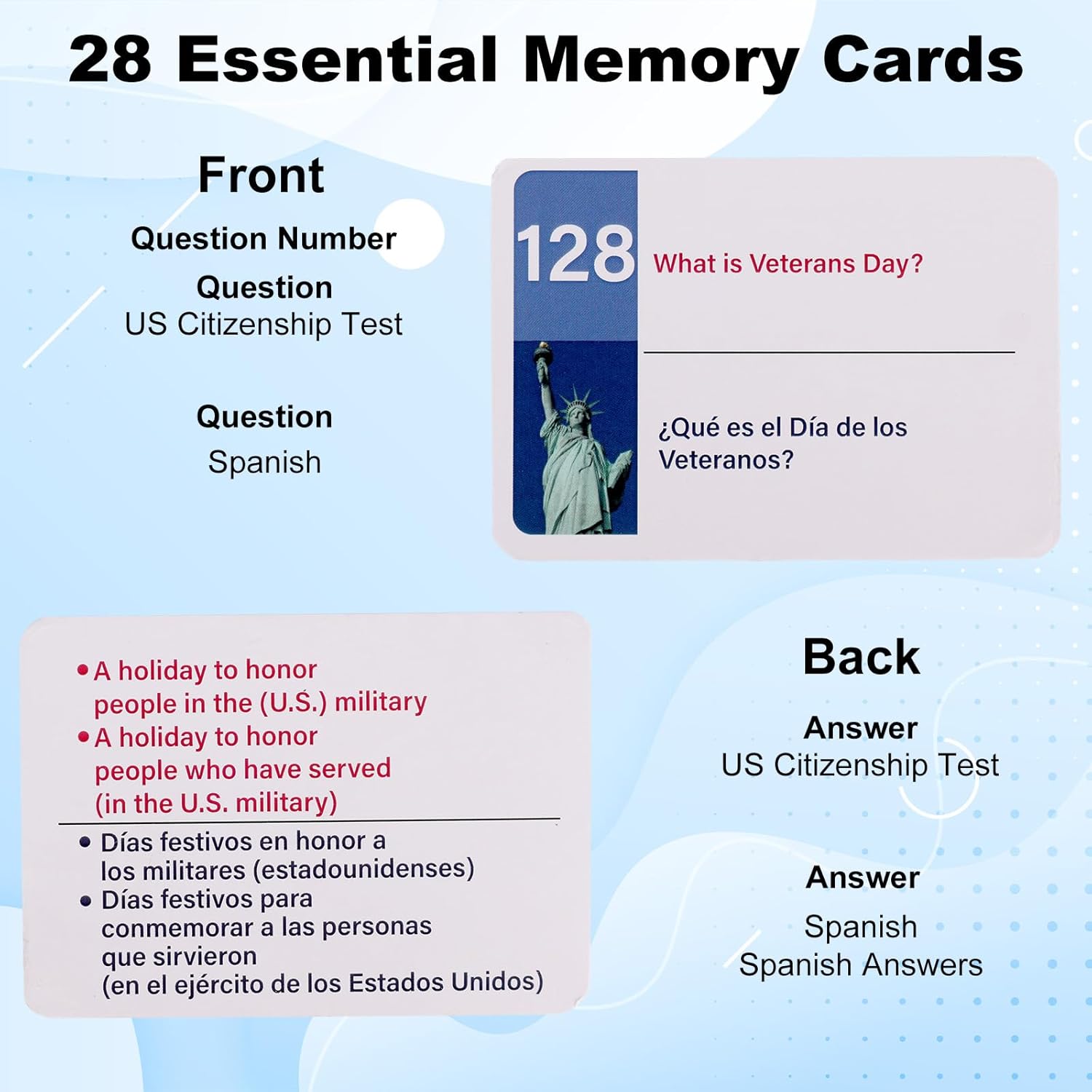 US Citizenship Flash Cards 2026 – All 128 Questions & Answers – English & Spanish Naturalization Test Study Guide – Large Print, Portable Learning Cards with Bonus Booklet