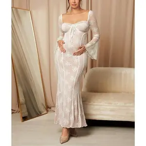 LongSleeveLaceBodyconMaternityDressWithRuffleHem,White,ForBabyShower