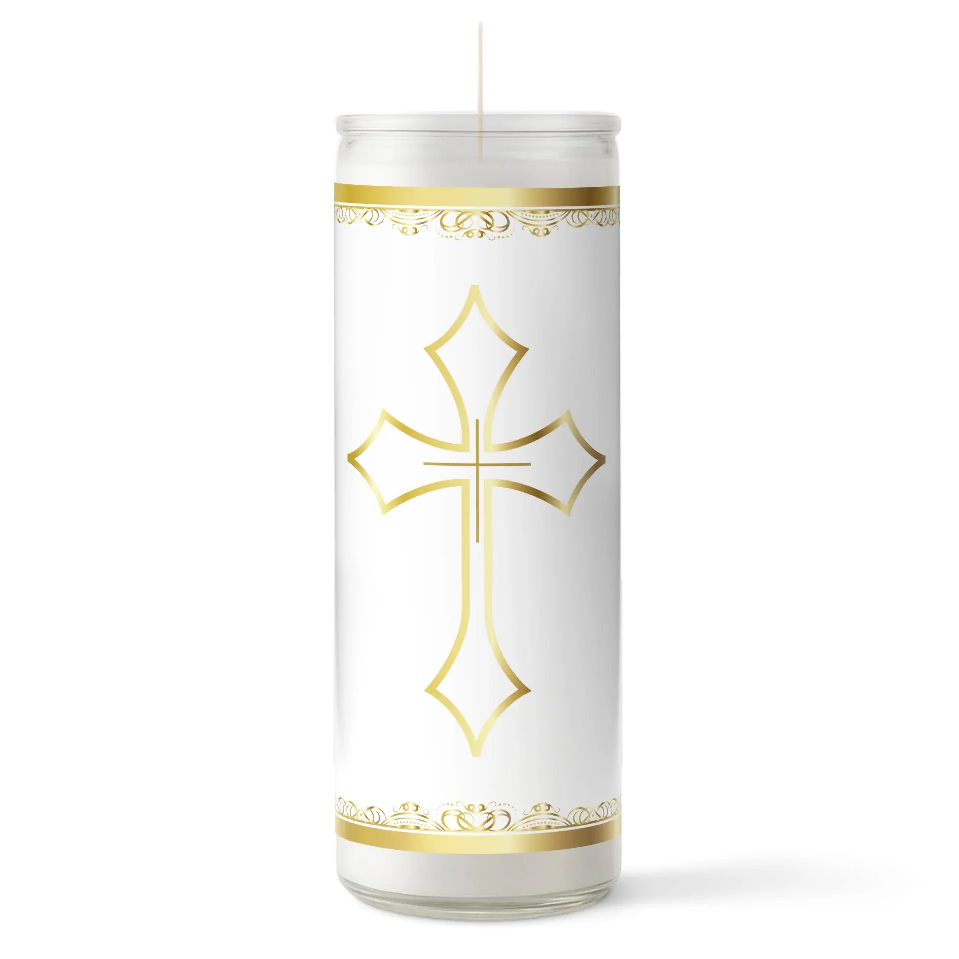 Holy Cross Glass Pillar Candle - White | Veladora de la Santa Cruz Blanca