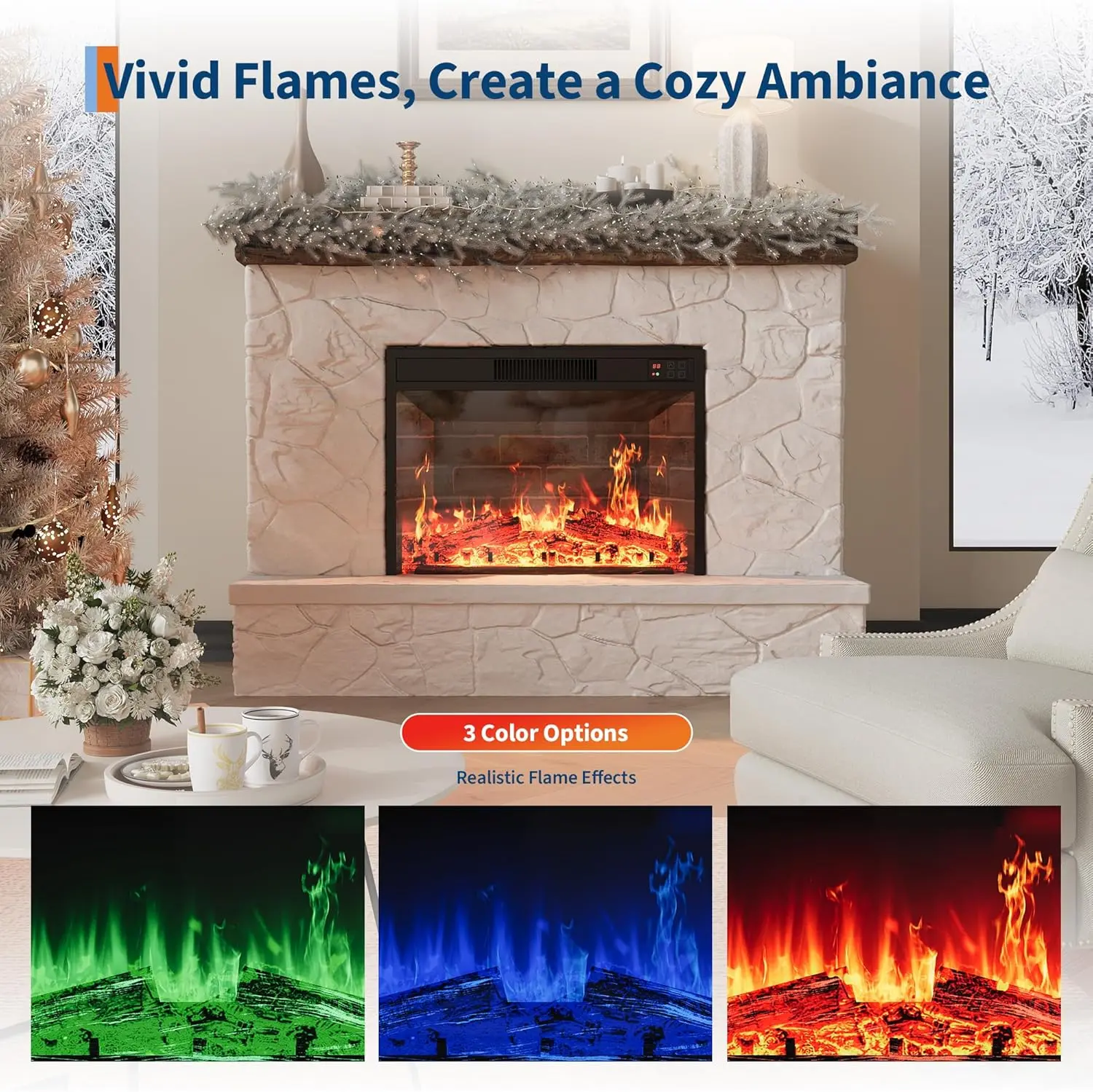 Gaomon 23-in Wall Mounted/Recessed Electric Fireplace - 4.2-in Ultra-Thin Linear Heating System, Remote Control, Adjustable Heating, 750W/1500W Power, Timer, 12-Color Flames, Log & Crystal Options