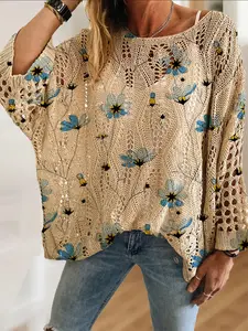 Women's Blue Floral Plant Print Round Neck Long Sleeve Knit Hollow Out Top, Casual Elegant Vacation Style, Comfortable Breathable Loose Fit, Knitwear Sweater Pullover