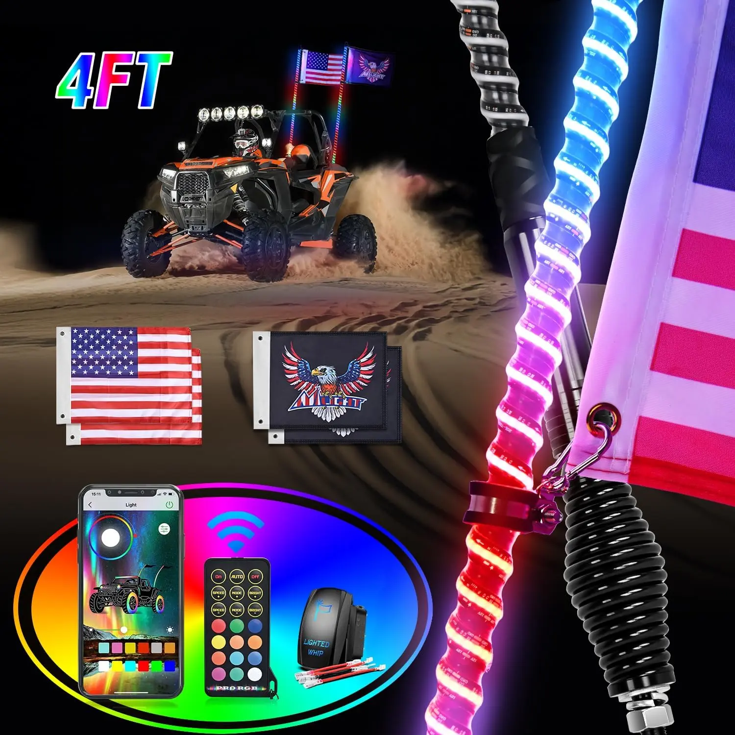 Nilight LED Whip Light 2 PCS 4FT COB RGB Lighted Antenna Whips with Spring Base Remote & App Control DIY Patterns Turn Brake Reverse Lights for Can-am Offroad ATV UTV Outdoor Car Lighting Accessories  dealsforyoudays, Car Accessory, Flexible Polycarbonate