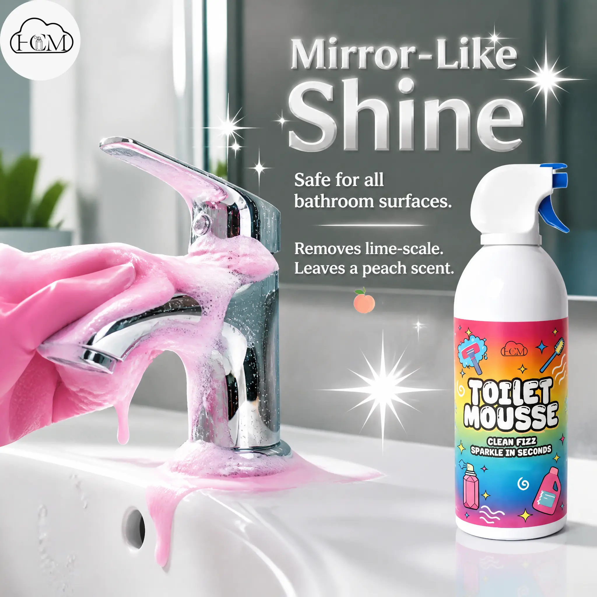 HCM Pink Peach Multi-Surface Foam Cleaner, TikTok Viral Bathroom Cleaner with 360° Targeted Spray, Thick Cloud Mousse, Anti-Splash Foam Barrier, Long-Lasting Peach Fragrance, Safe for Toilet, Tile Grout, Sink, Faucet, Drain Pipes, Wall, Household, 5 In 1