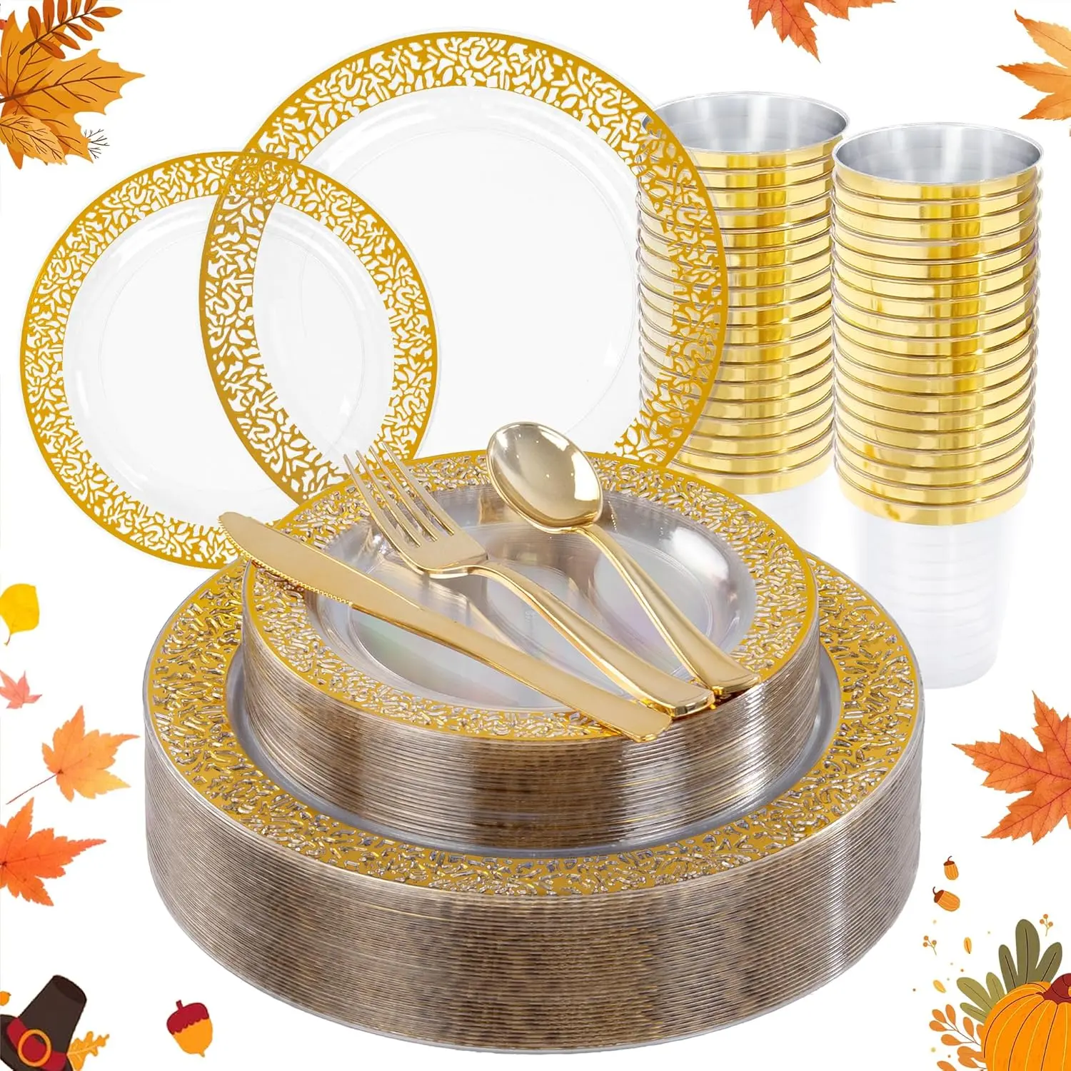 150Pcs Gold Plastic Plates,Clear Gold Plastic Dinnerware Set, Lace Design Thanksgiving Plates Set Include: 25 Dinner Plate, 25 Dessert Plate, 25 Cups, 25 Gold Silverware for Thanksgiving Party