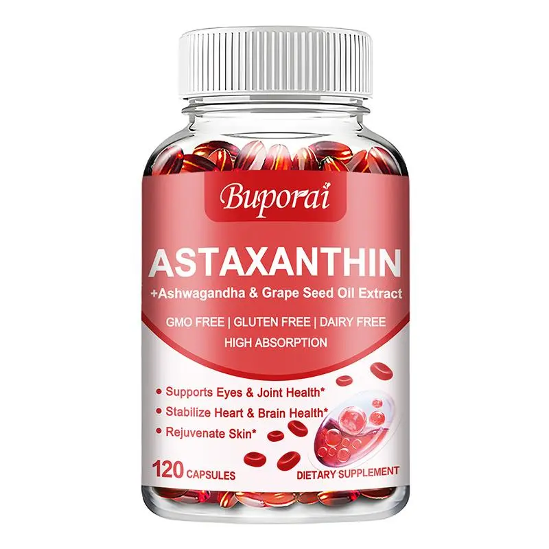 Buporai - Astaxanthin Supplement, 2-month supply - Fortified with grapeseed oil and Ashwagandha - Supports cardiovascular and immune systems - 120 dietary capsules