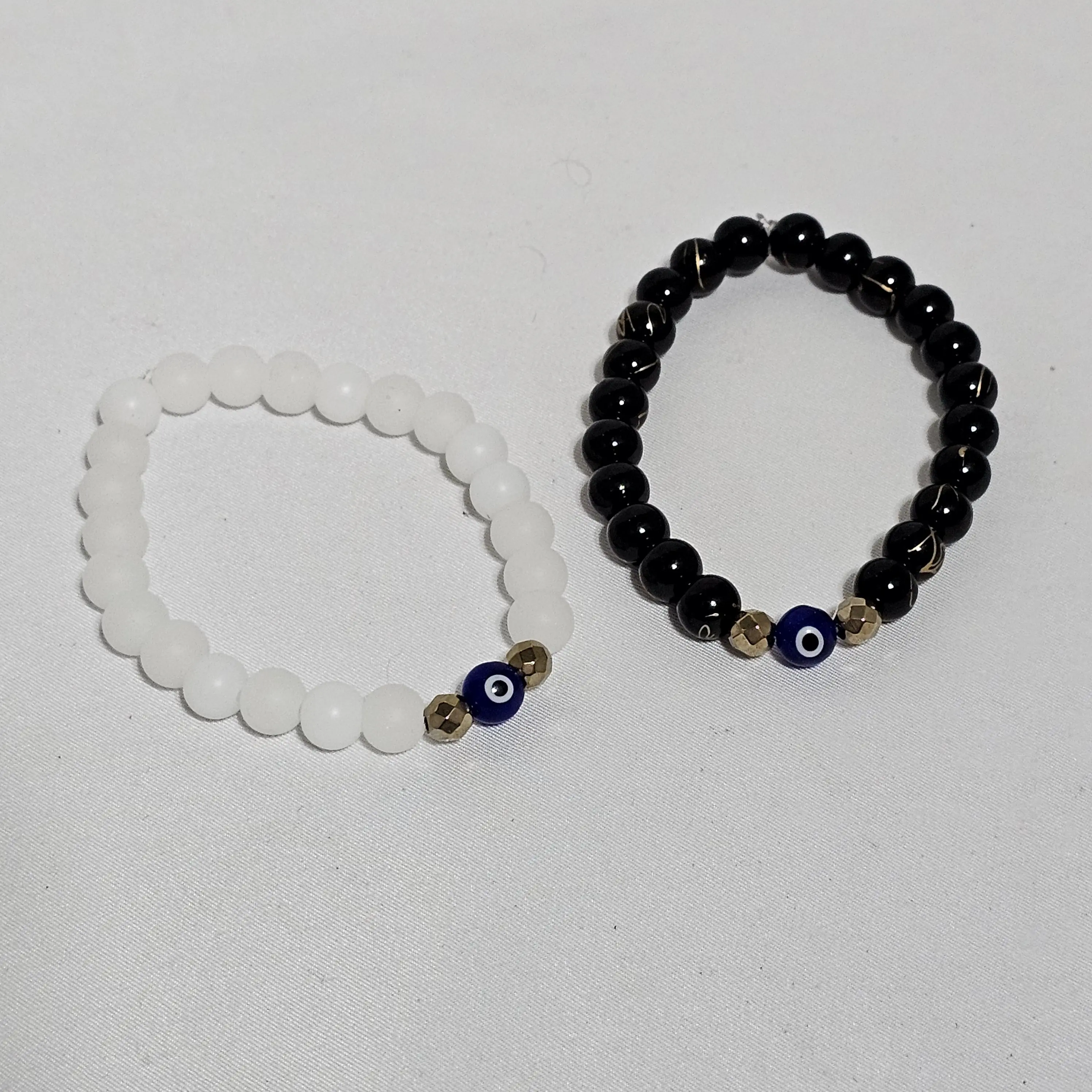 Evil Eye Charm Bracelet Set with Gold Accents, Glossy Black & Matte White Stone Beads for His & Hers Protection & Balance, Beads Bracelets, Charm Bracelets