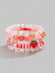 Women's Strawberry Pendant Crystal Beaded Bracelet Set, Cute Sweet Fashion Jewelry Gift for Women Daily Wear & Friends, Charm Bracelets