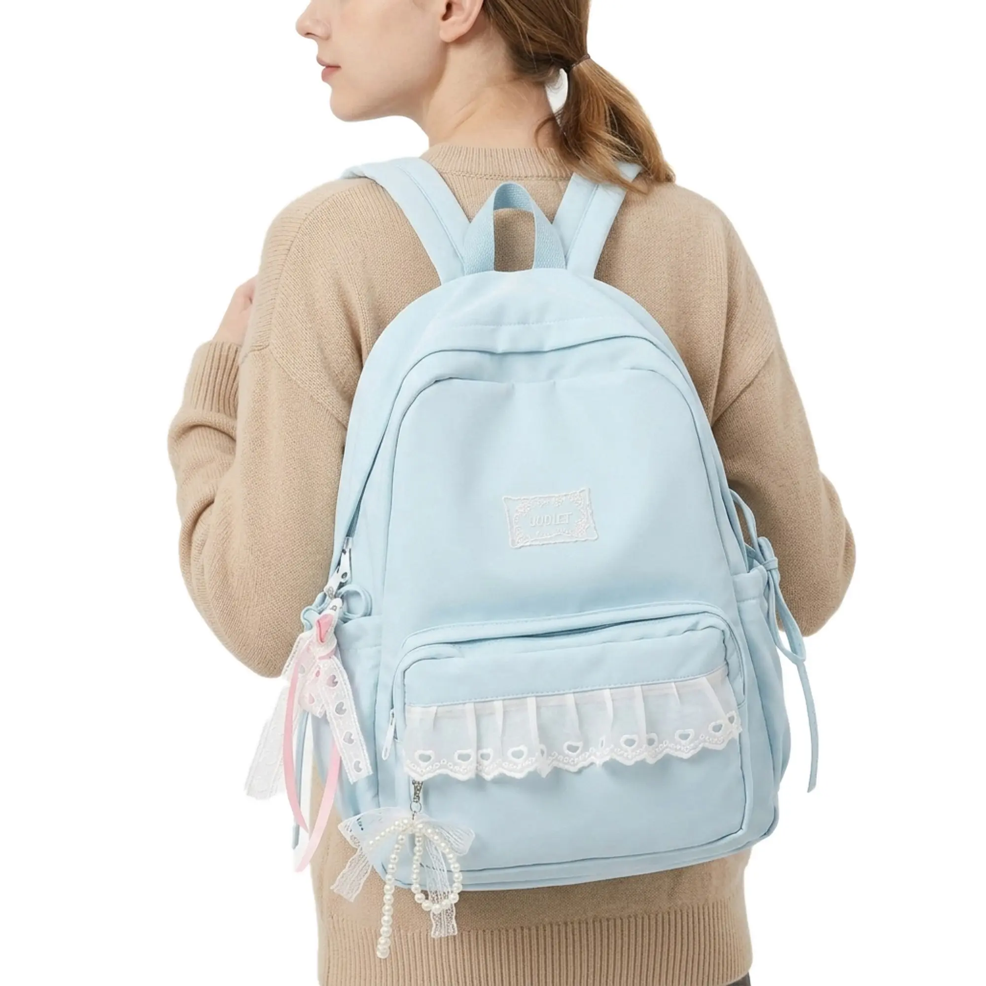Female Light Blue Lace Bow Anime Theme Lolita Backpack - Large Capacity Waterproof Plain School Bag for Girls, Ideal for School/Travel Use