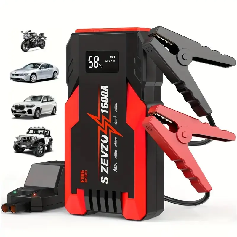 8000mAh Car Jump Starter 12V Battery Booster with LCD Display, LED Emergency Flashlight, Smart Jumper Cables and Portable Power Bank for Cars, SUVs, Trucks