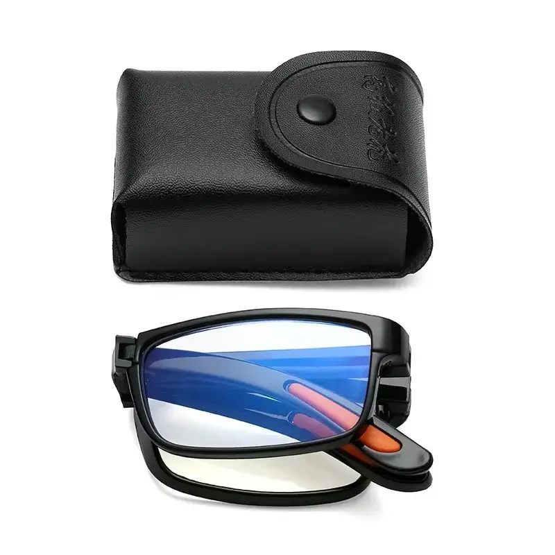 Folding Reading Glasses with Case Anti Blue Light Eyeglasses Presbyopia Retro Unisex Pocket Glasses Portable Glasses Men Women High Quality Eyewear Black