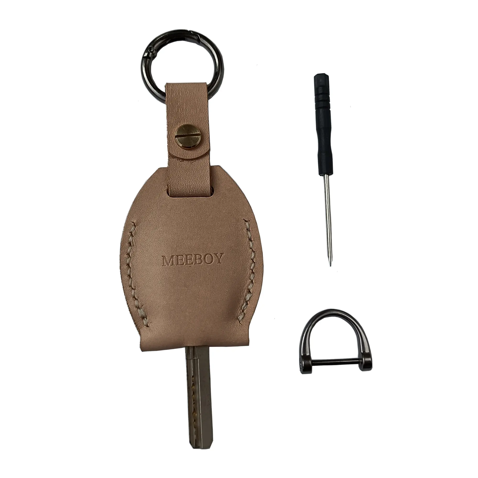 MEEBOY Unisex Handmade Cowhide Leather Key Holder - 5.5cm x 12.5cm Vegetable Tan Copper Stylish Keyring, Multi-Purpose Keys Holder with Large-Capacity Screw-Closure Pouch for Coins, Trackers, Handmade Look Gift for Friends, Family