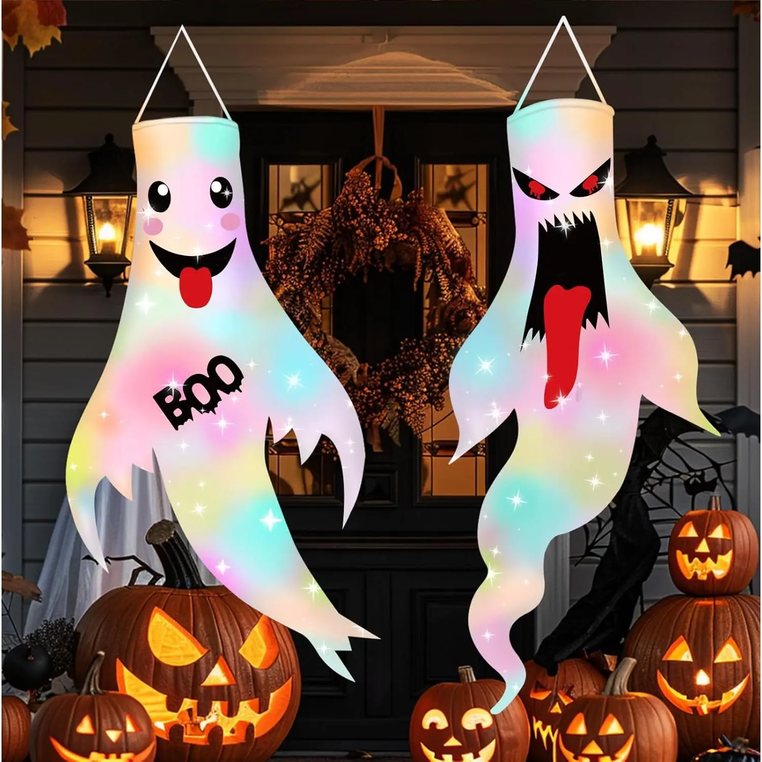 2Pcs 47" Halloween Ghost Windsocks Decorations with LED Light Outdoor Halloween Decorations Hanging Ghost Windsocks Décor for Halloween Colorful Gifts