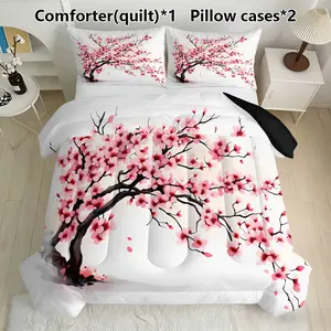 Japanese Cherry Blossom Bedding Set, Includes 1 Comforter & 2 Pillowcases, Asian Ink Decor, Feather Silk Cotton Material