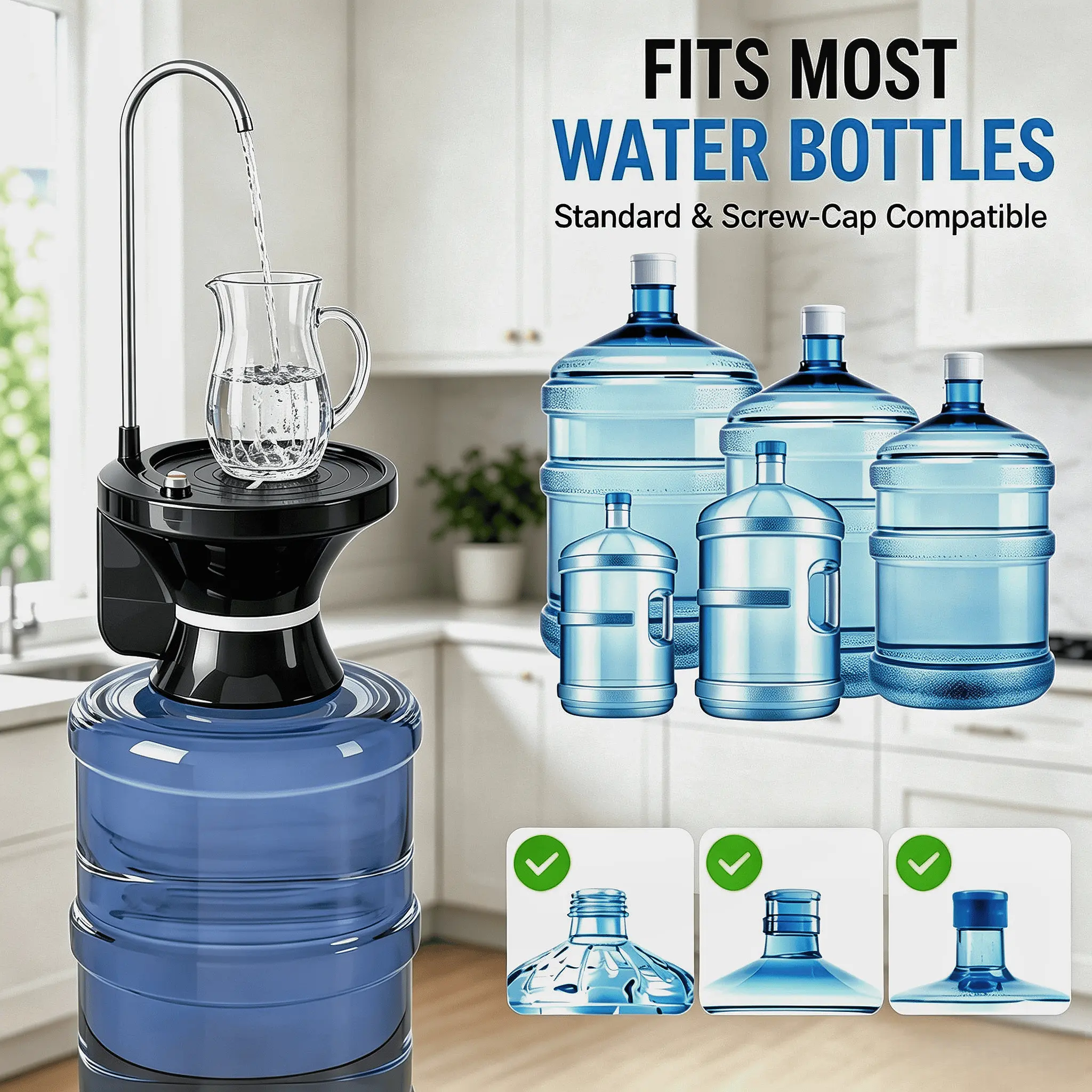 Water Dispenser for 5 Gallon Bottle, Rechargeable USB Water Pump with Automatic & Manual Dispensing Modes, Fits 2-5 Gallon Bottles, Bottle & Countertop Use, Large Tray, Stainless Steel Spout, BPA-Free Silicone Tube for Home, Office & Camping
