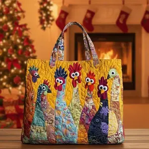 Bohemian-style quilted tote bag with digital print — perfect for casual outings and a great gift for a girlfriend; tote bag featuring playful chick designs, a cute handbag with chick patches, and a quilted shoulder bag — ideal choices for shopping, travel