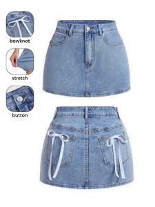 Women's A-Line Denim Mini Skirt, Pockets & Bow Tie Design, Slim Fit Elastic Fabric, Perfect for Party & Casual