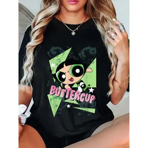 Women's 100% Cotton Fitted Anime-Inspired The Powerpuff Girls Buttercup Crew Neck Short-Sleeve T-Shirt, Casual Streetwear Top for Summer Vibes, Shortsleeve